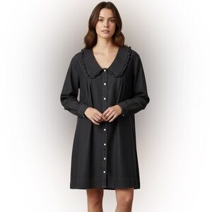 Enter o black denim dress with Peter Pan Collar